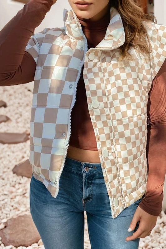 Ladies LDC Sleeveless Plaid Stand Neck Vest-Khaki