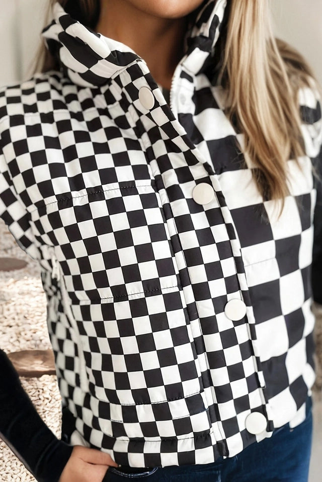 Ladies LDC Sleeveless Plaid Stand Neck Vest-Black