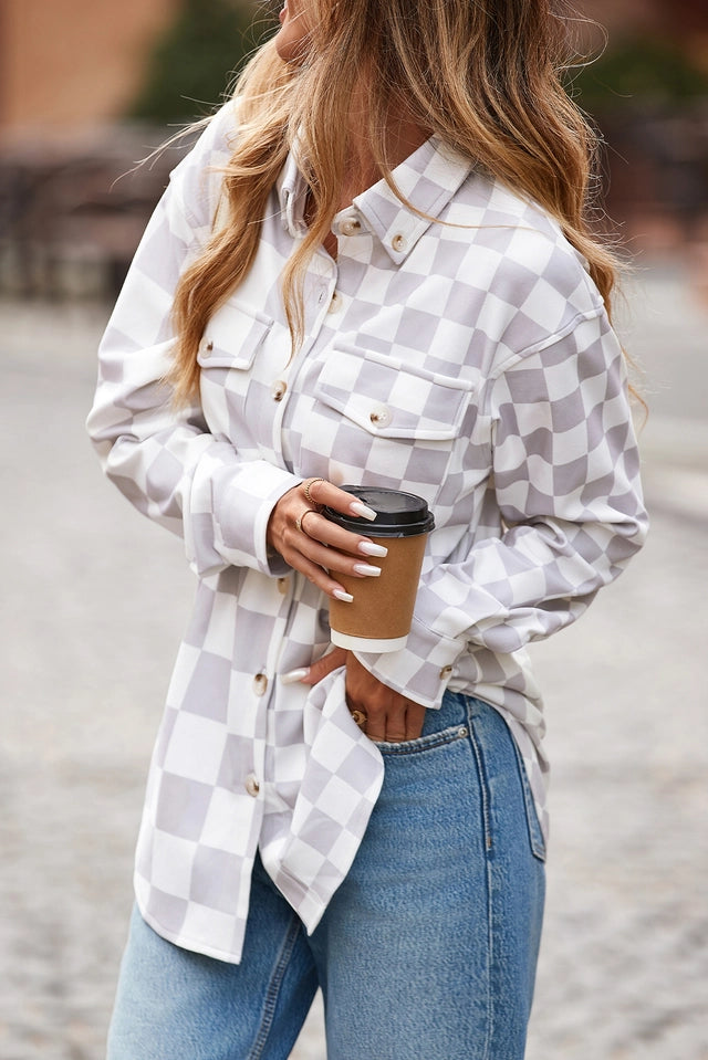 Ladies Checkerboard Flap Pocket Button Front Shacket-Khaki