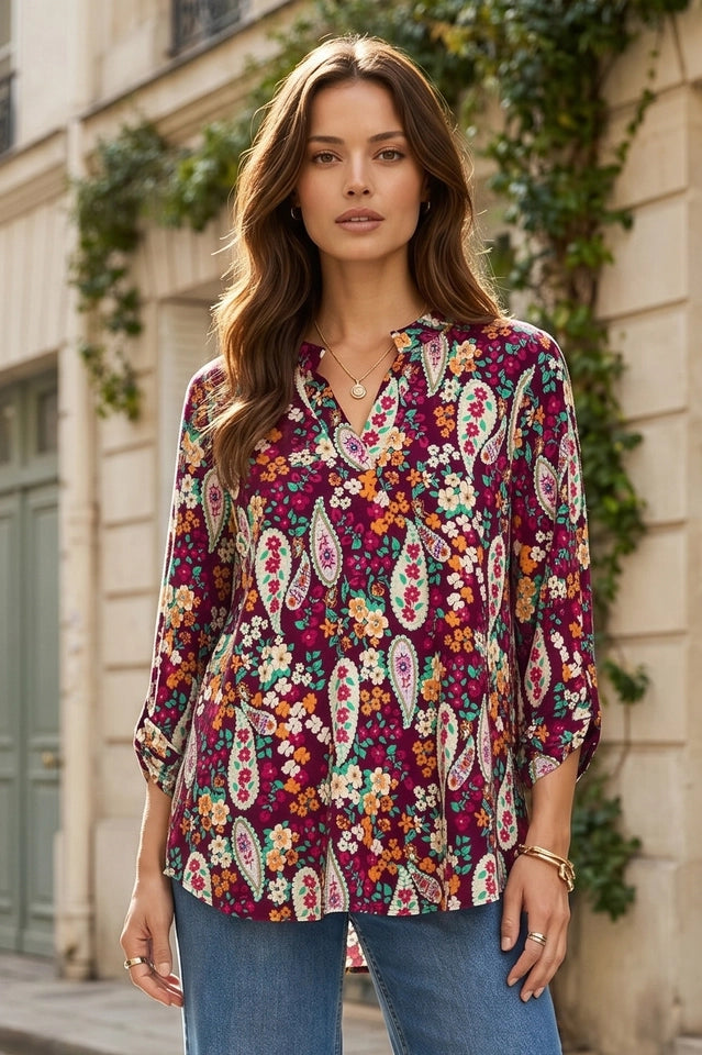 Ladies Fall Paisley Print Lizzy 3/4 Sleeve Top-Wine