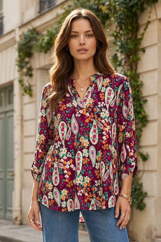 Ladies Fall Paisley Print Lizzy 3/4 Sleeve Top-Wine
