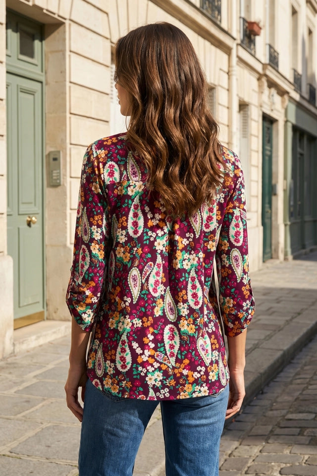 Ladies Fall Paisley Print Lizzy 3/4 Sleeve Top-Wine