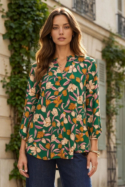 Ladies Fall Print Lizzy 3/4 Sleeve Top-Fern