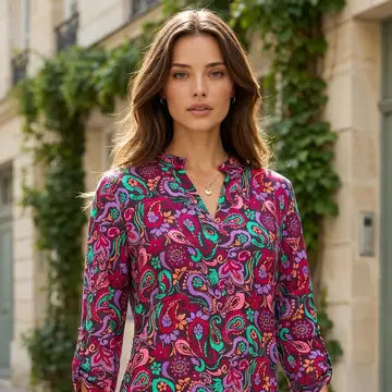 Ladies Fall Print Lizzy 3/4 Sleeve Top-Wine