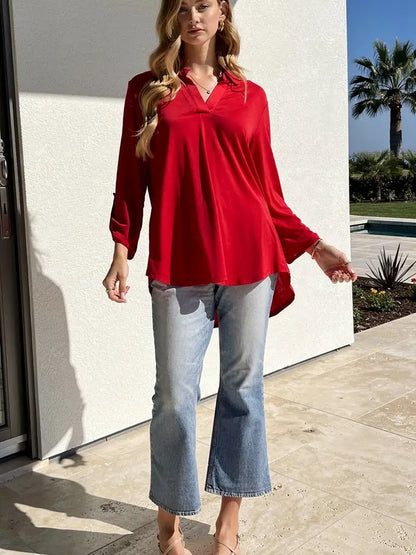 Ladies Solid Lizzy 3/4 Sleeve Top-Red