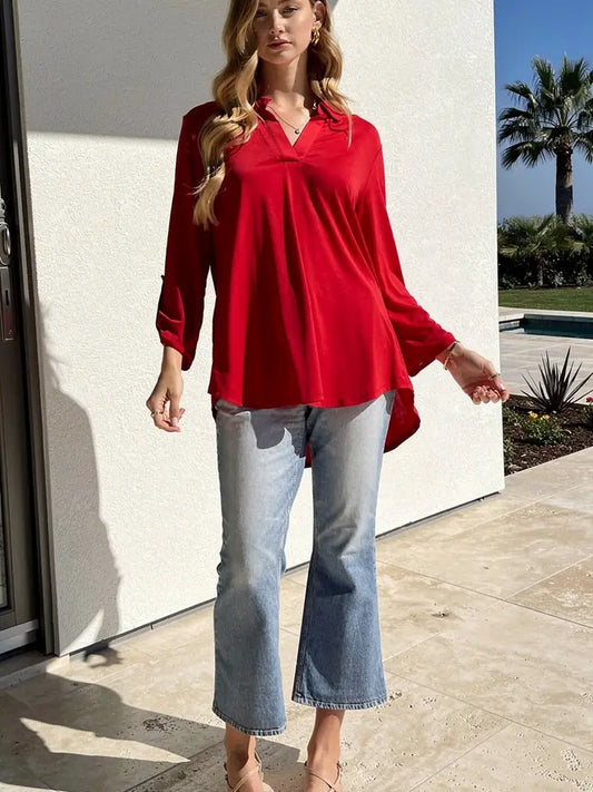 Ladies Solid Lizzy 3/4 Sleeve Top-Red