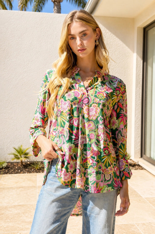 Ladies Floral Print Lizzy 3/4 Sleeve Top-Kelly Green