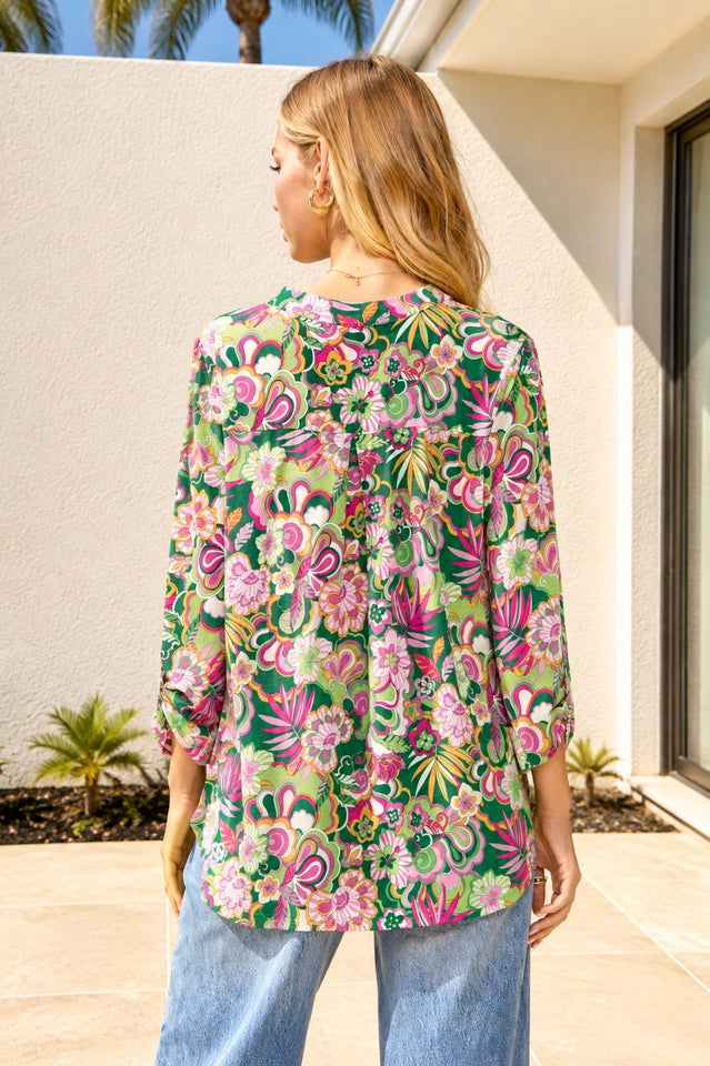 Ladies Floral Print Lizzy 3/4 Sleeve Top-Kelly Green