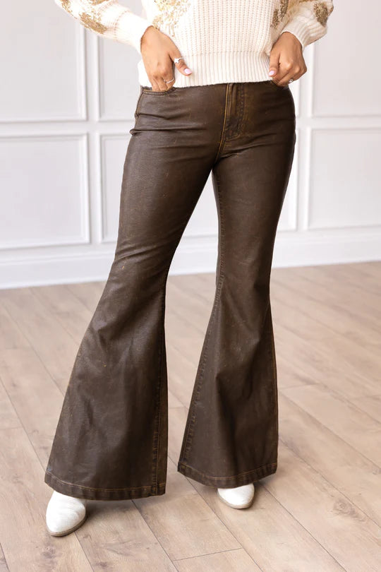 Ladies Grace & Emma Rustic Elegance Brown Leather Bell Bottom Pants