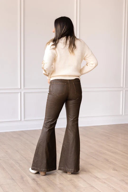 Ladies Grace & Emma Rustic Elegance Brown Leather Bell Bottom Pants