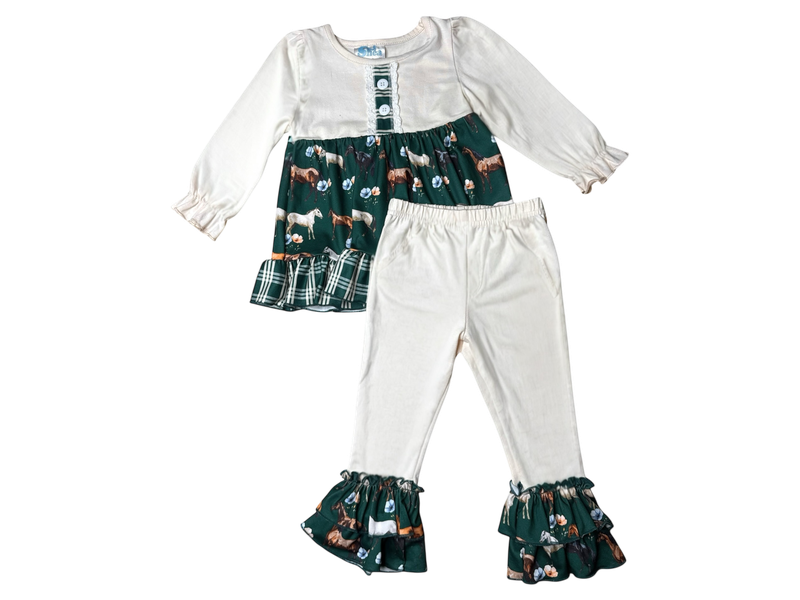 Girls Green Floral Horse LS Leggings Set by Shea Baby