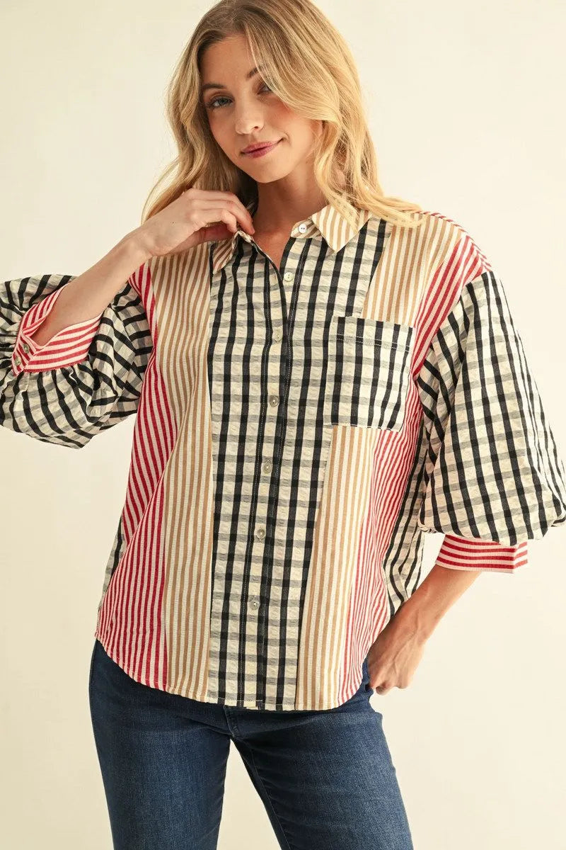 Ladies 3/4 Puff Sleeve Button Down Top-Black Mix
