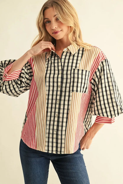 Ladies 3/4 Puff Sleeve Button Down Top-Black Mix