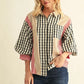 Ladies 3/4 Puff Sleeve Button Down Top-Black Mix