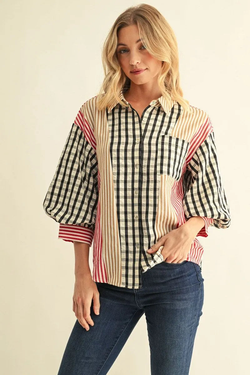 Ladies 3/4 Puff Sleeve Button Down Top-Black Mix