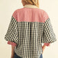 Ladies 3/4 Puff Sleeve Button Down Top-Black Mix