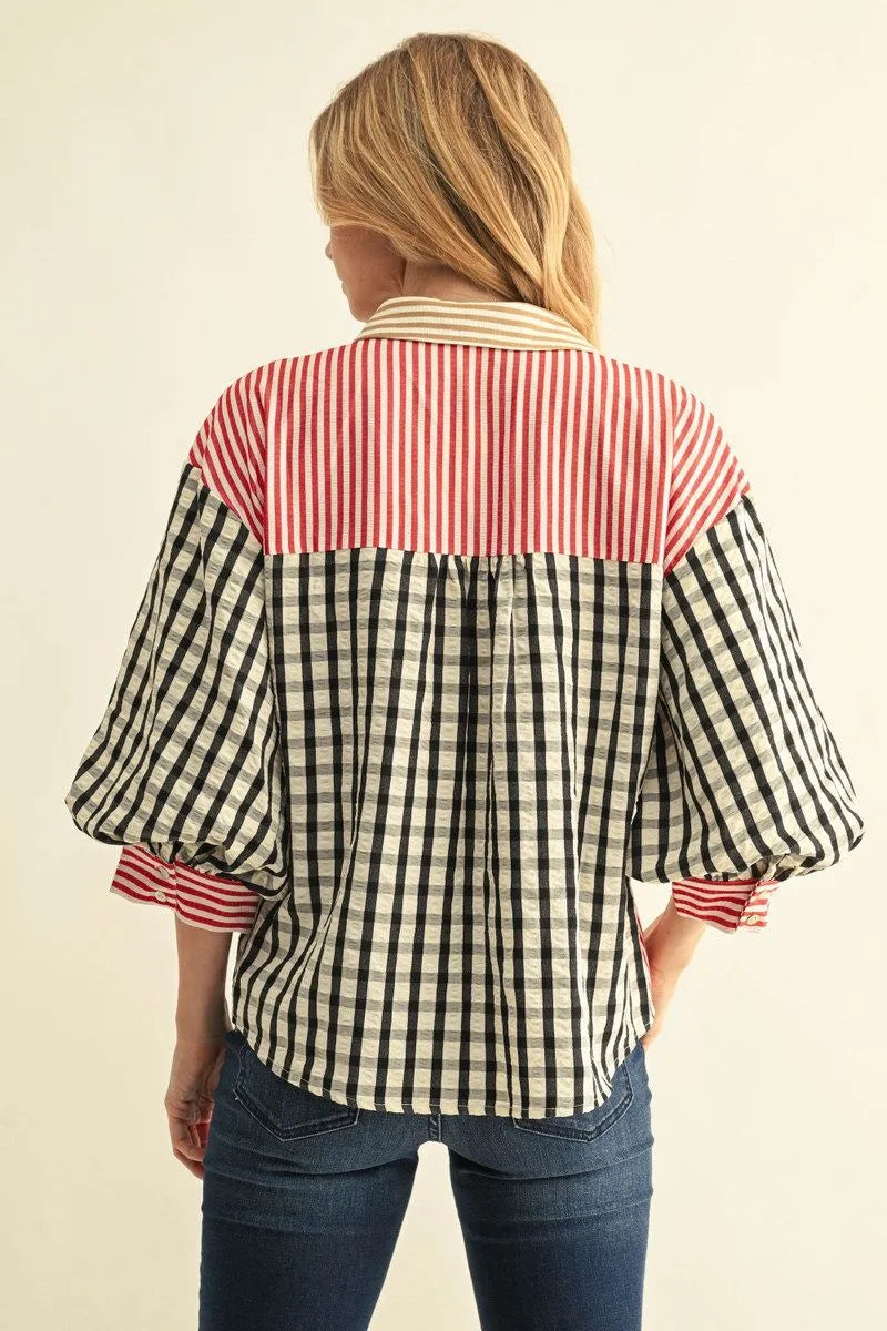 Ladies 3/4 Puff Sleeve Button Down Top-Black Mix