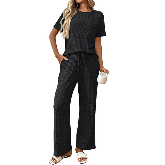 Ladies Ribbed Knit Lounge Set -Black