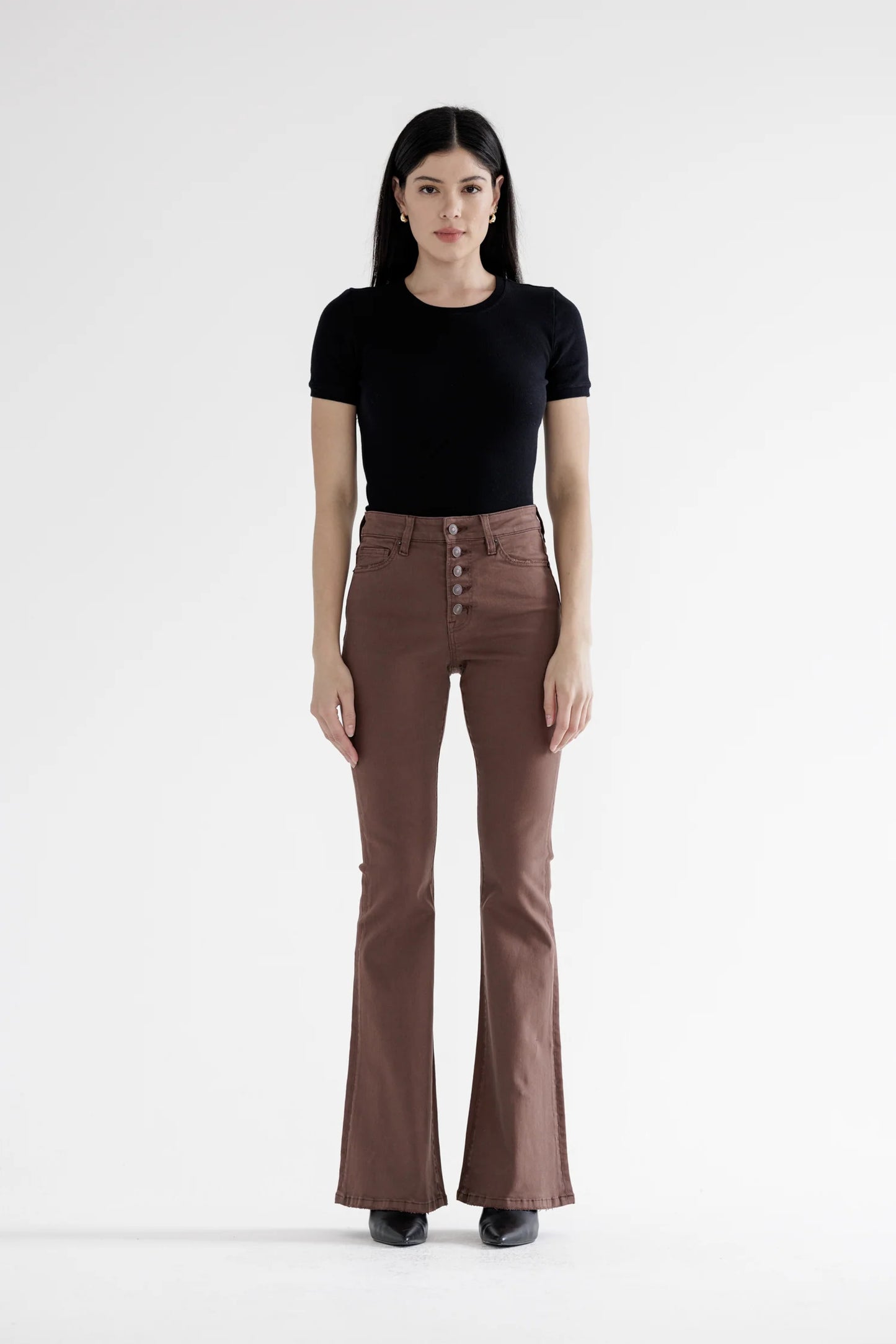 Ladies Mica Denim Super Stretch High-Rise Flare Jeans-Brown