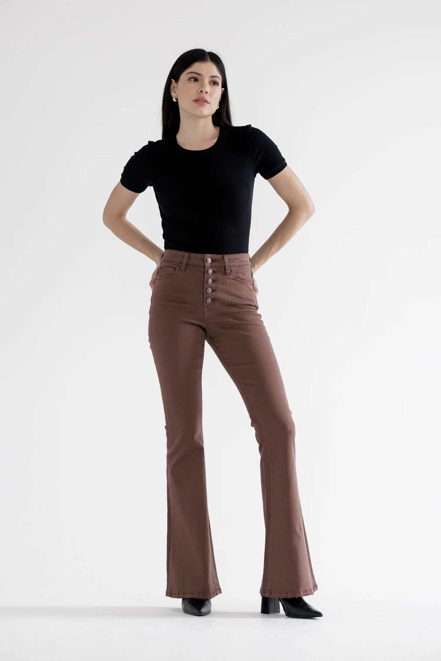 Ladies Mica Denim Super Stretch High-Rise Flare Jeans-Brown