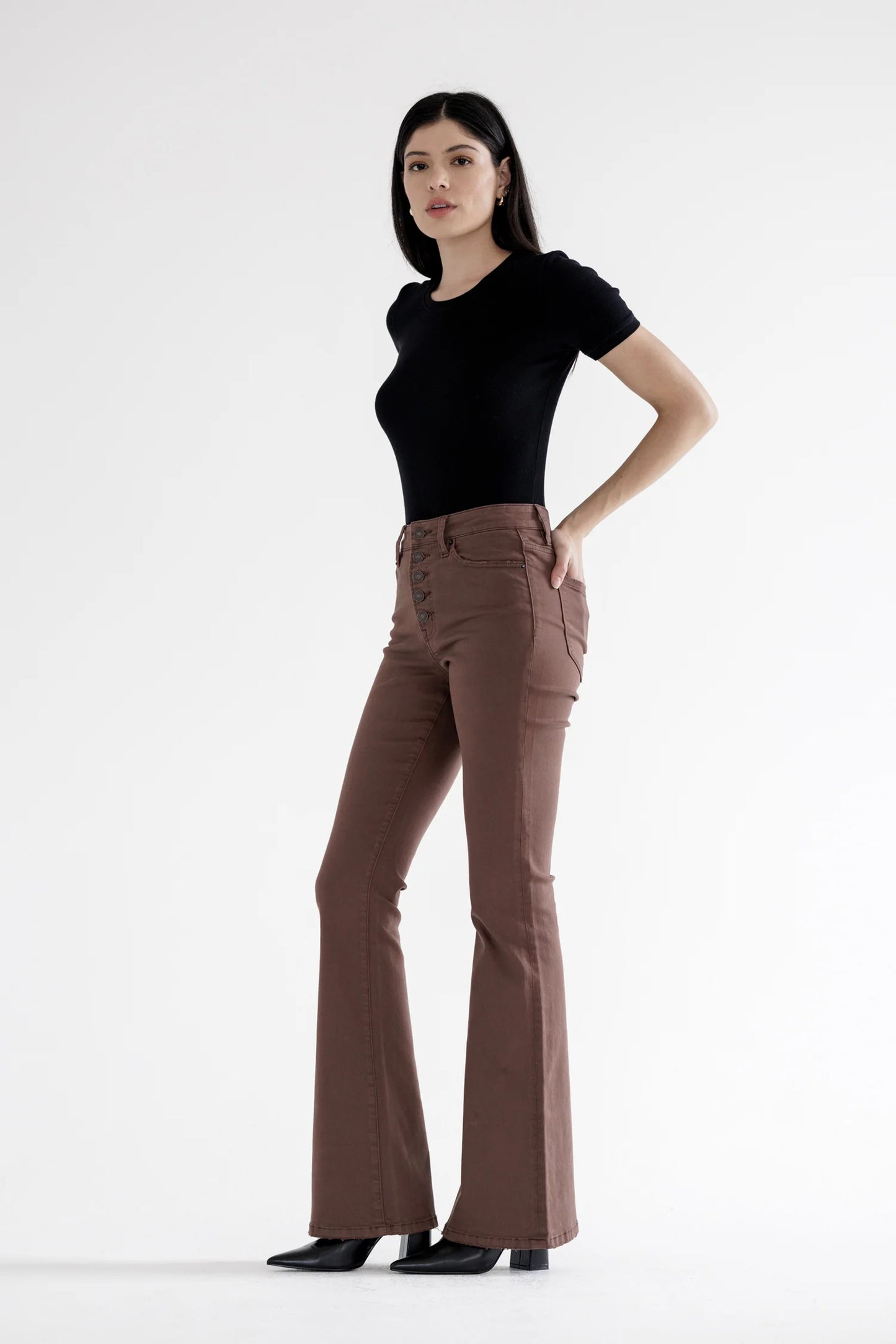 Ladies Mica Denim Super Stretch High-Rise Flare Jeans-Brown