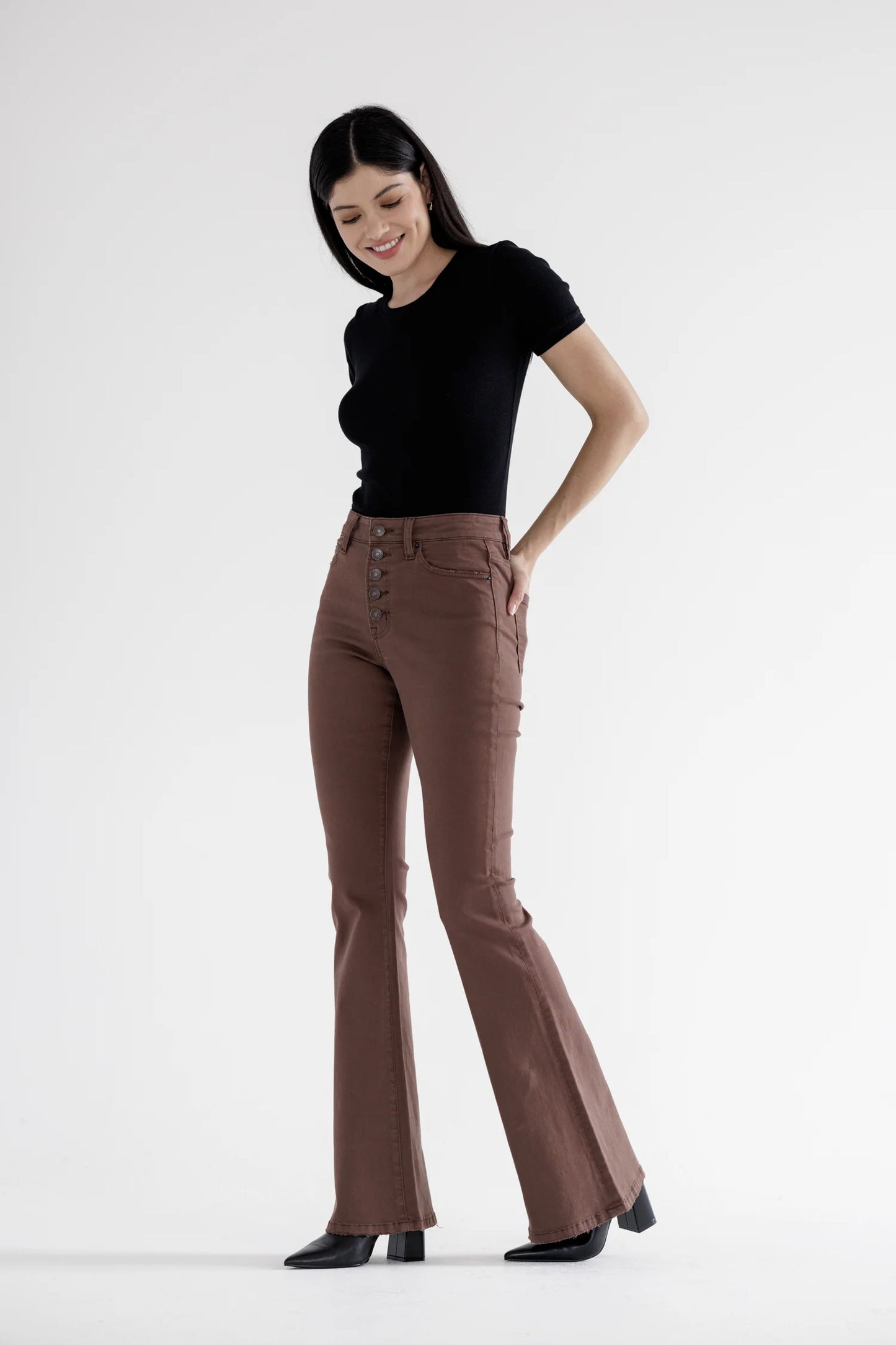 Ladies Mica Denim Super Stretch High-Rise Flare Jeans-Brown