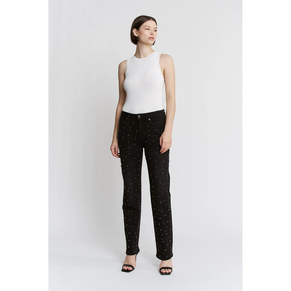 Ladies Mica Denim High Rise Straight Embellished Jeans-Black Pearl