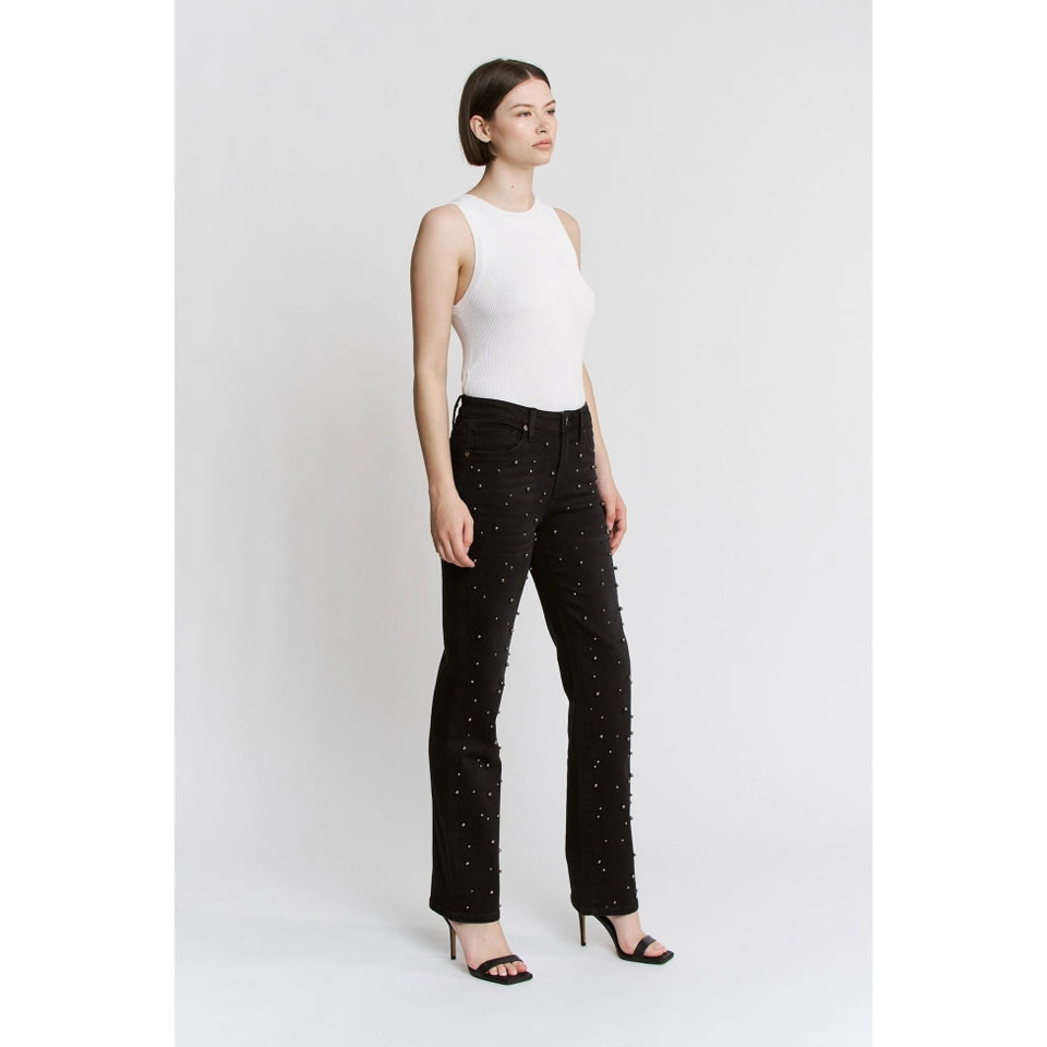 Ladies Mica Denim High Rise Straight Embellished Jeans-Black Pearl