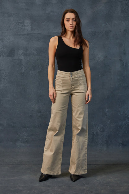 Ladies Mica Denim High-Rise Wide Leg Pants-Almond Milk