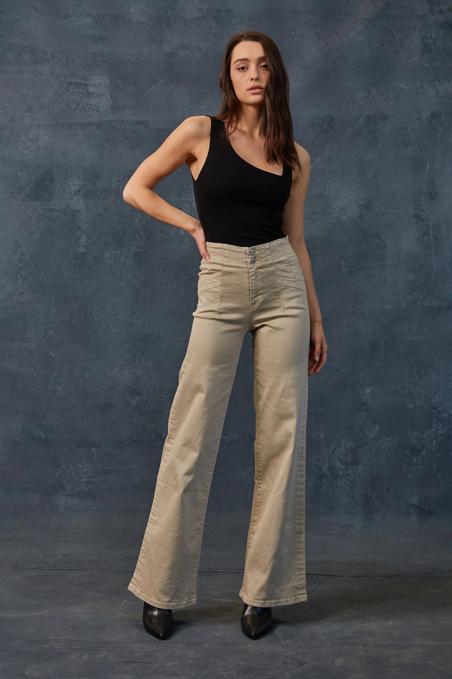 Ladies Mica Denim High-Rise Wide Leg Pants-Almond Milk