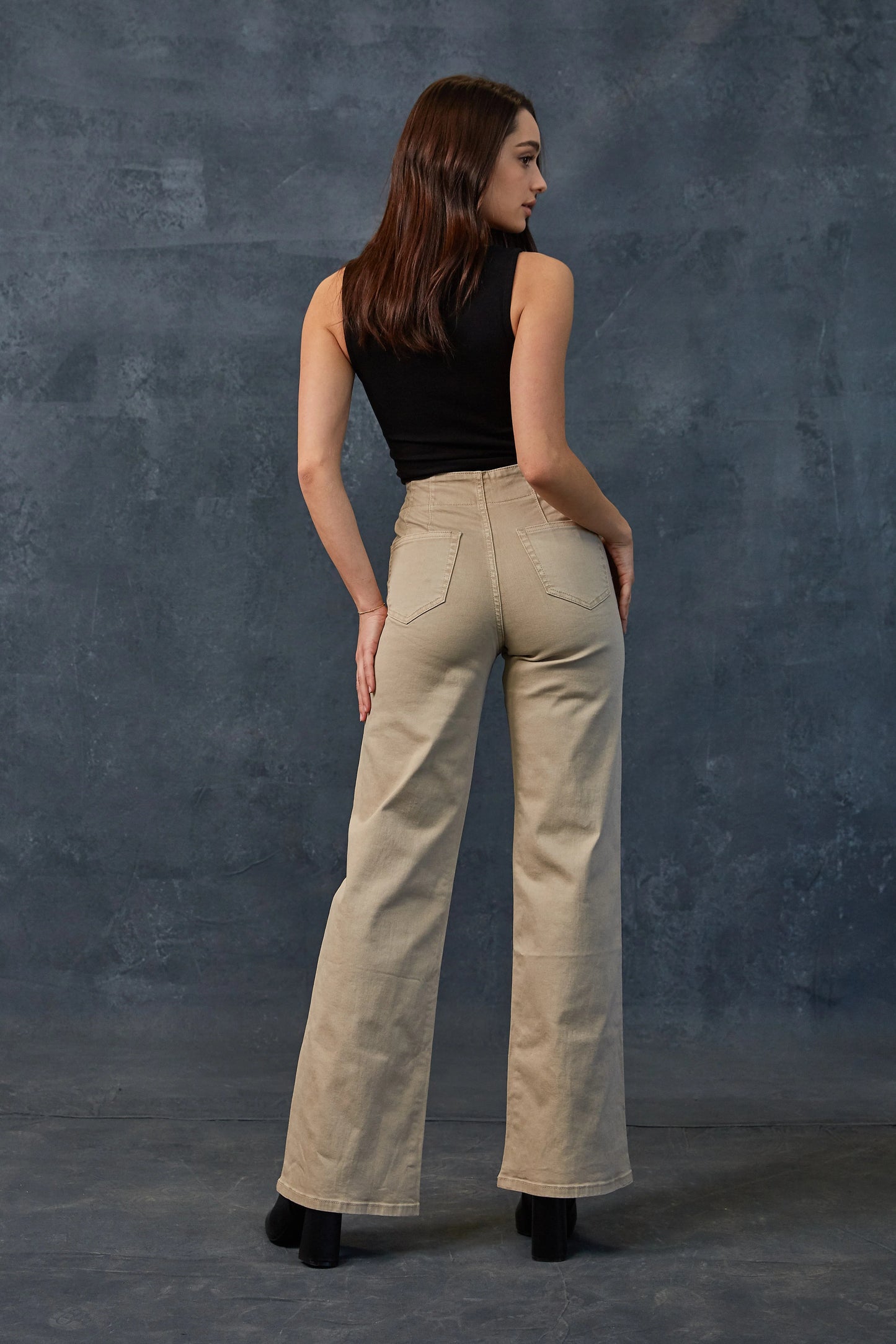 Ladies Mica Denim High-Rise Wide Leg Pants-Almond Milk