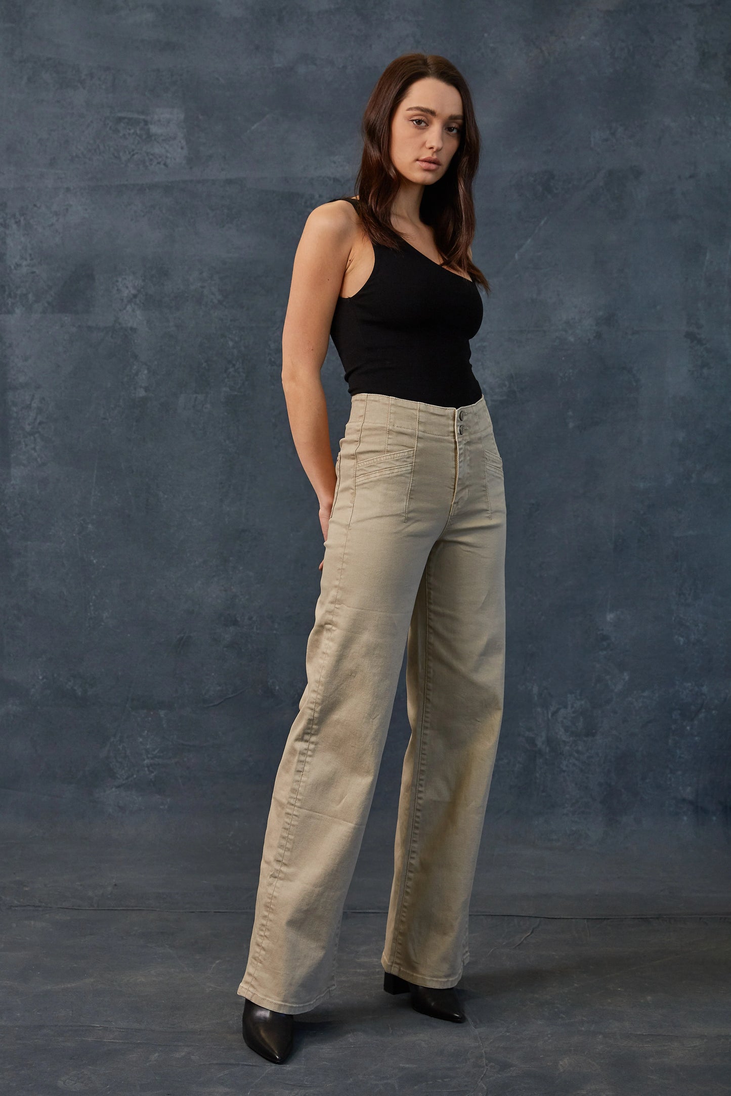 Ladies Mica Denim High-Rise Wide Leg Pants-Almond Milk