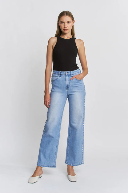 Ladies Mica Denim High Rise Wide Leg Jeans With Jeweled Embellishments-Long (Copy)High Rise Wide Leg Pearl Embellishment Jeans