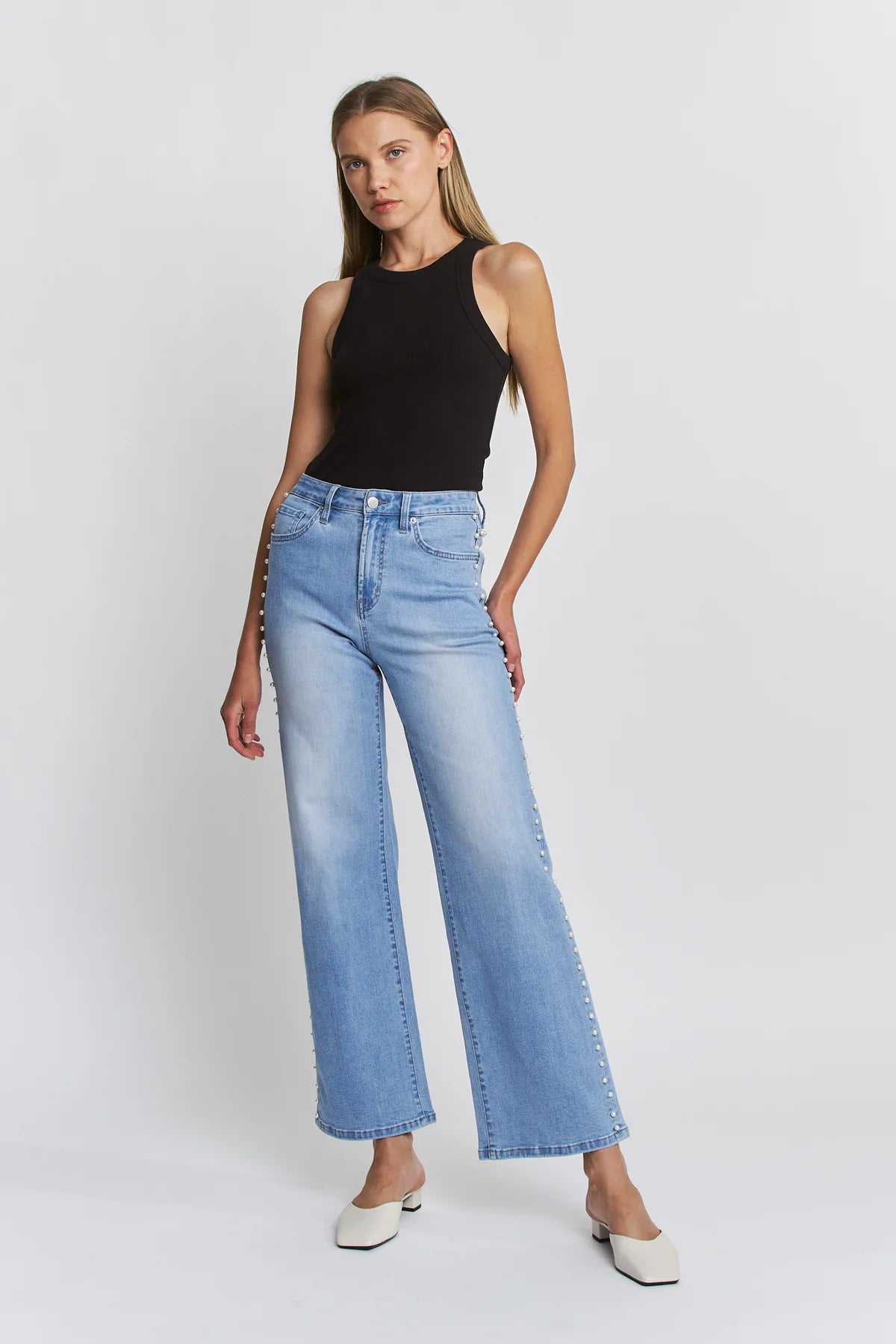 Ladies Mica Denim High Rise Wide Leg Jeans With Jeweled Embellishments-Long (Copy)High Rise Wide Leg Pearl Embellishment Jeans