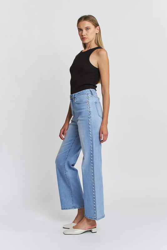 Ladies Mica Denim High Rise Wide Leg Jeans With Jeweled Embellishments-Long (Copy)High Rise Wide Leg Pearl Embellishment Jeans