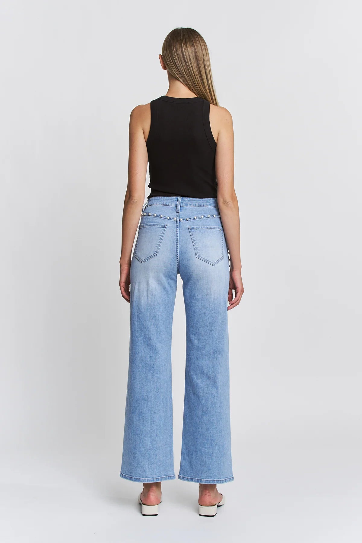 Ladies Mica Denim High Rise Wide Leg Jeans With Jeweled Embellishments-Long (Copy)High Rise Wide Leg Pearl Embellishment Jeans