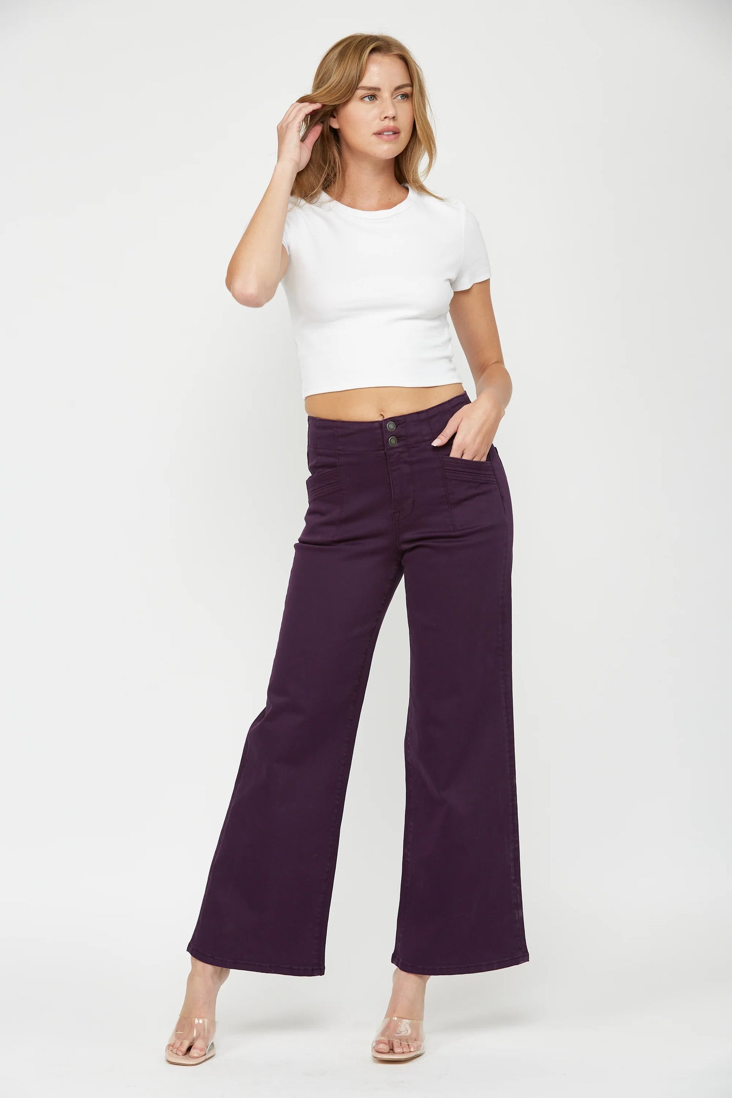 Ladies Mica Denim High-Rise Wide Leg Jeans - Plum