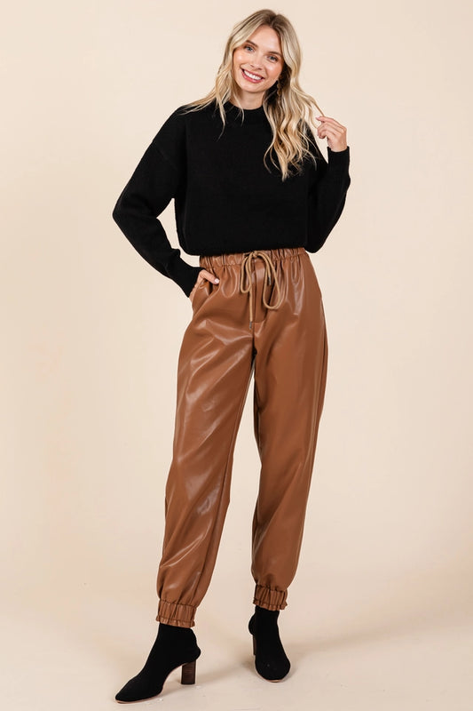 Ladies Faux Leather Jogger Pants