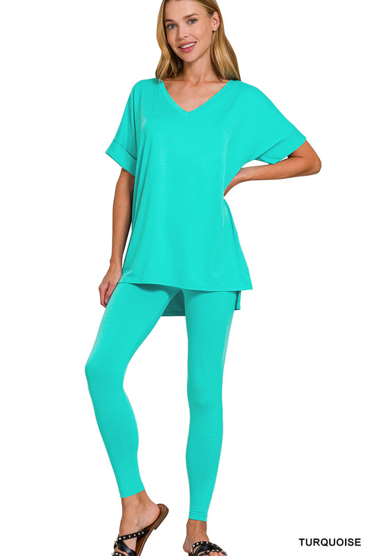 Ladies Brushed Microfiber Loungewear Set-Turquoise