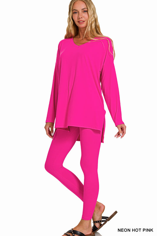 Ladies Brushed Microfiber Loungewear Set-Neon Hot Pink
