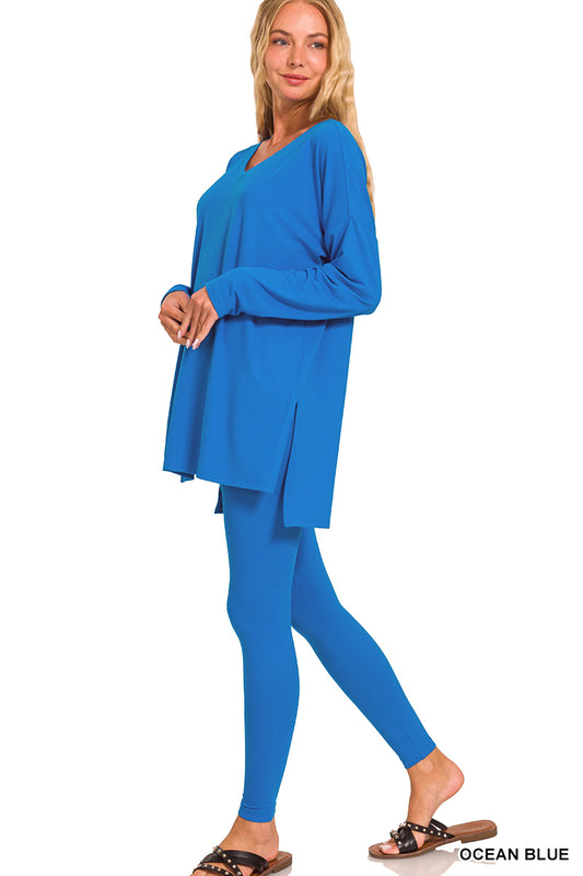 Ladies Brushed Microfiber Loungewear Set-Ocean Blue