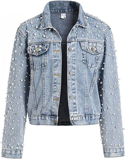 Ladies Casual Denim Jacket with Pearl Rhinestone Accents-Light Blue