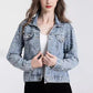 Ladies Casual Denim Jacket with Pearl Rhinestone Accents-Light Blue