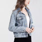Ladies Casual Denim Jacket with Pearl Rhinestone Accents-Light Blue