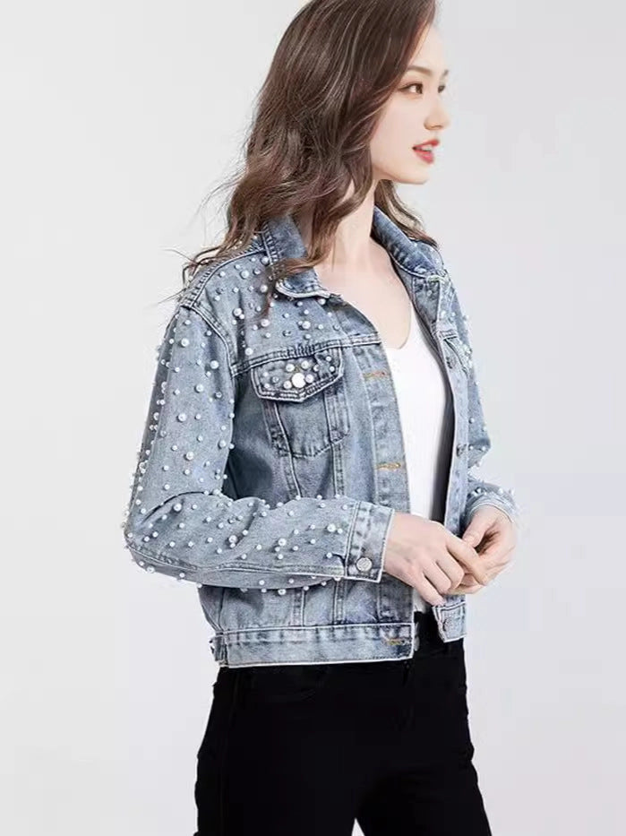 Ladies Casual Denim Jacket with Pearl Rhinestone Accents-Light Blue