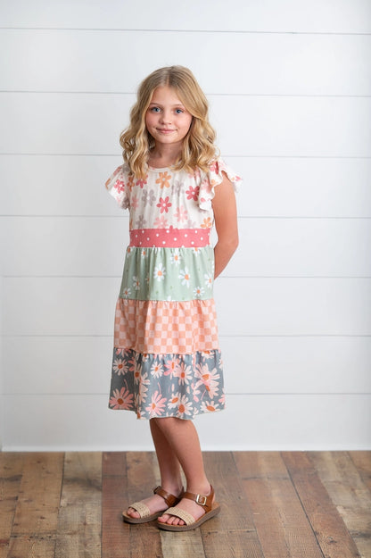 Girls Daisy & Checkered Tiered Spring Easter Summer Dress