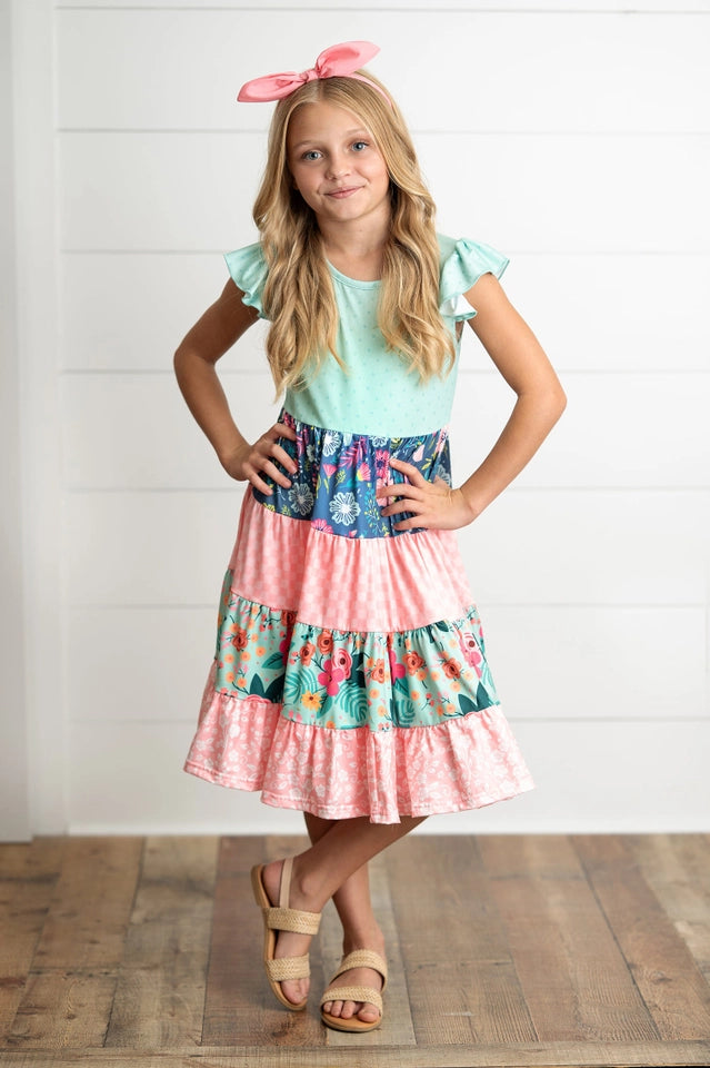Girls Ava Mint Pink Spring Summer Floral Tiered Dress