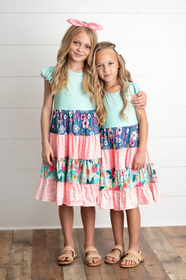Girls Ava Mint Pink Spring Summer Floral Tiered Dress