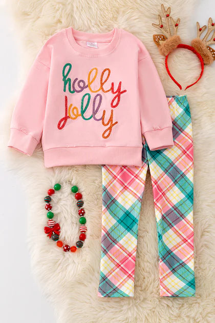 Girls Holly Jolly Embroidered Sweatshirt & Plaid Leggings