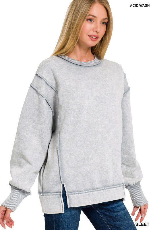 Ladies Acid Wash Exposed Seam Fleece Sweatshirt-Sleet